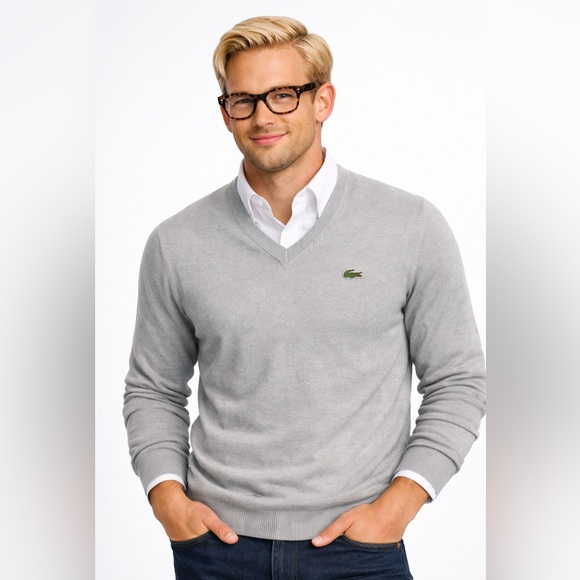 Lacoste Other - Lacoste Light Gray V-Neck Cotton Sweater Crocodile Logo Classic Preppy Size 5